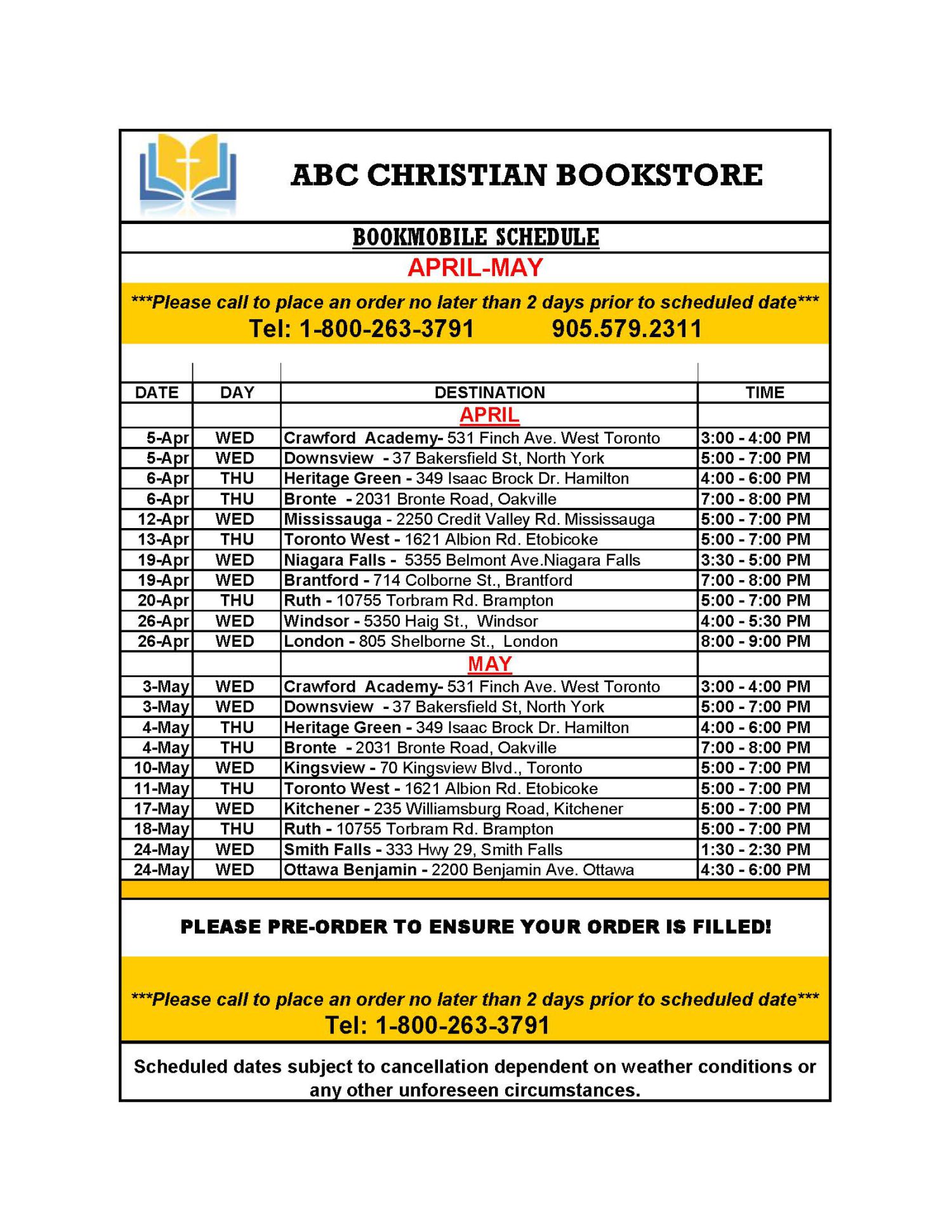 ABC Bookmobile Schedule Apr & May 2023 Adventist Ontario Conference